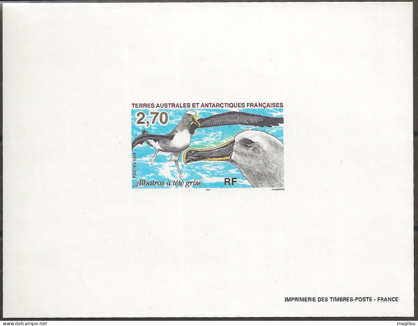 Feuillet Gommé Taaf/fsat Oiseau Albatros à Tête Grise YVT 229 Mnh** - Geschnittene, Druckproben Und Abarten