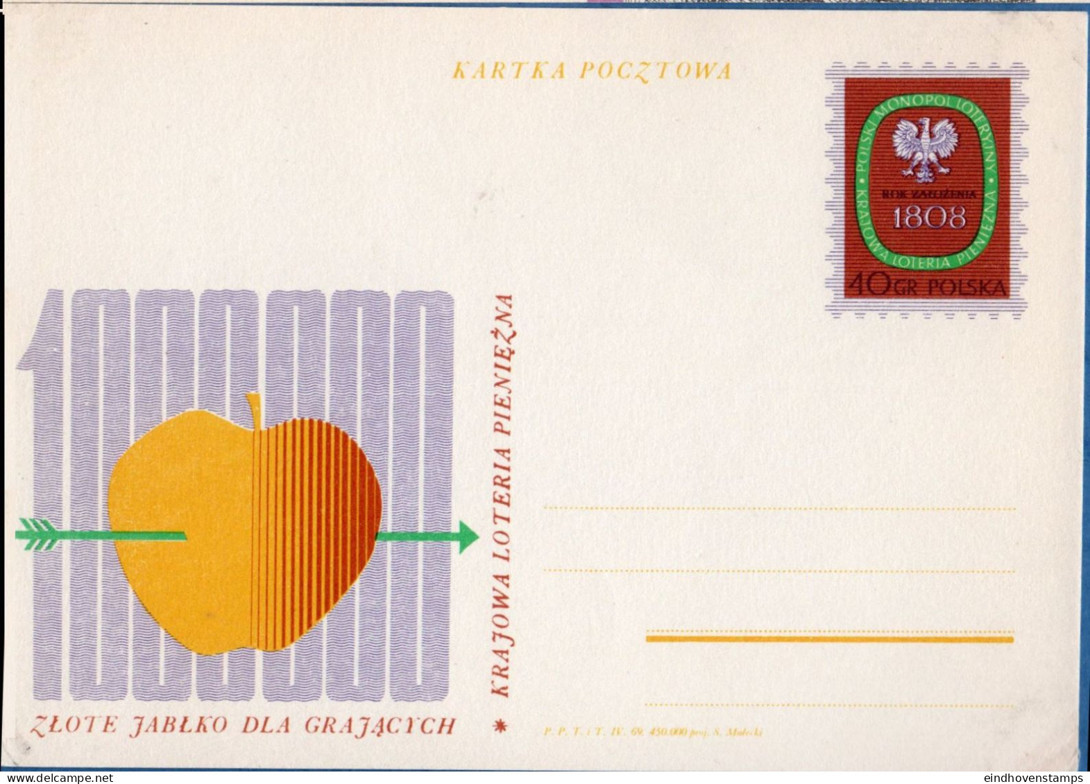 Polska, Poland 1969 Lottery, Appel, Postkarte Pol 69.446 - Monumenti