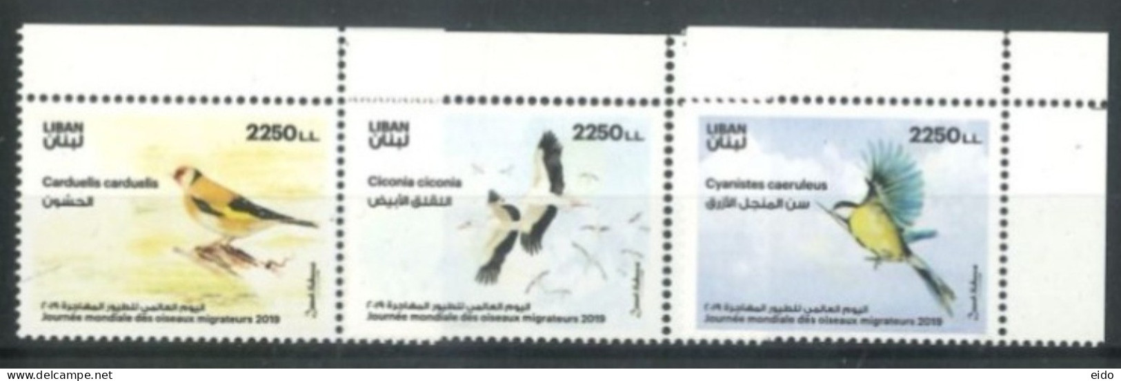 LEBANON. - 2019,  WORLD BIRDS MIGRATORY COMPLETE SET OF 3, UMM (**). - Lebanon