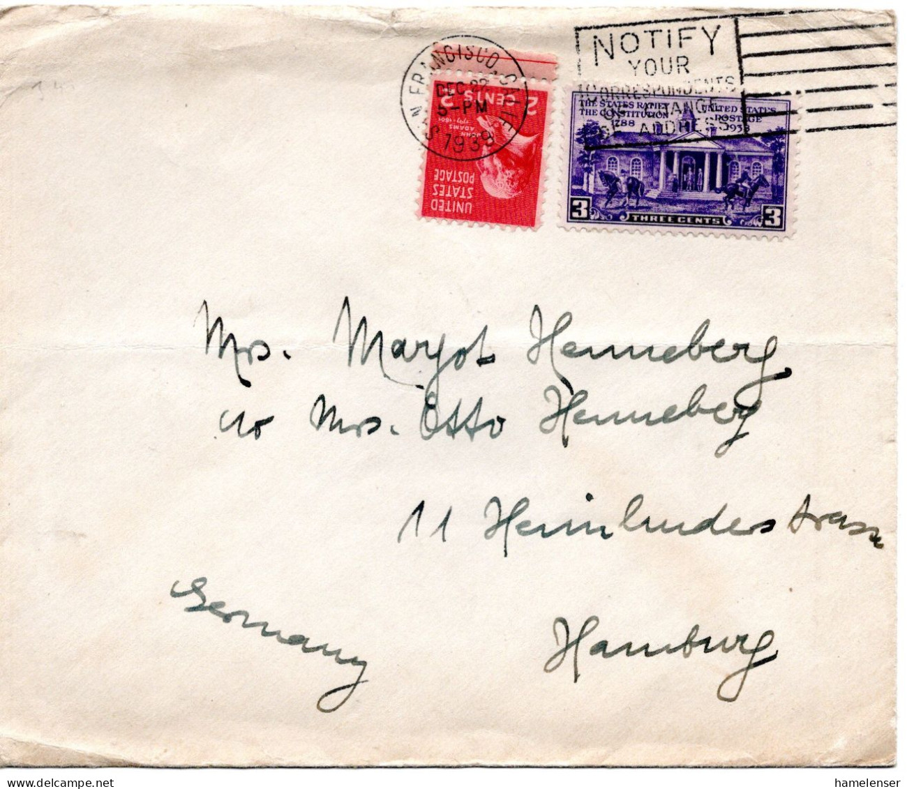 72767 - USA - 1939 - 3¢ Verfassung MiF A Bf SAN FRANCISCO, CAL -> Deutschland, M Dt Zensur - Storia Postale