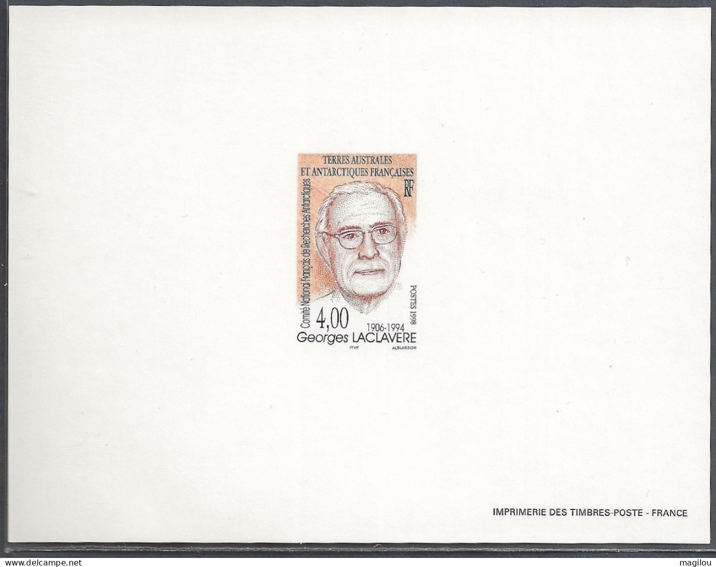 Feuillet Gommé Taaf/fsat Georges Laclavere YVT 232 Mnh ** - Imperforates, Proofs & Errors
