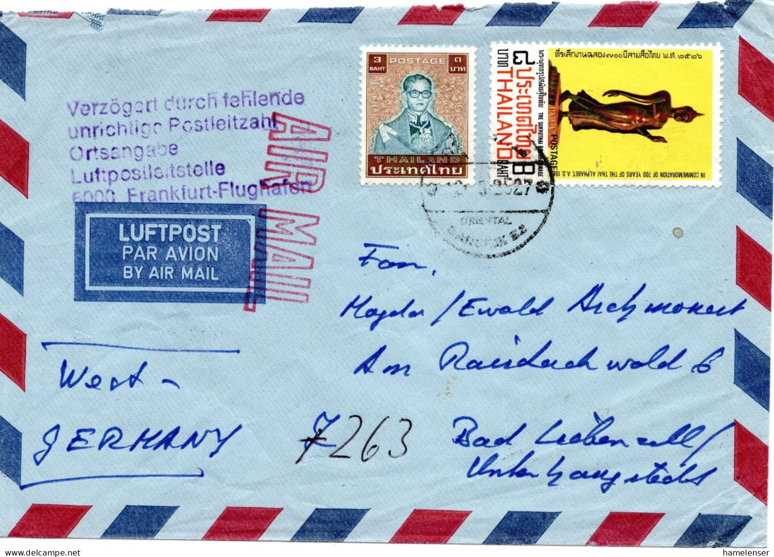 72769 - Thailand - 1984 - 8B Thai-Alphabet MiF A LpBf BANGKOK -> Westdeutschland, M Dt Stpl "Verzoegert Durch ... " - Code Postal