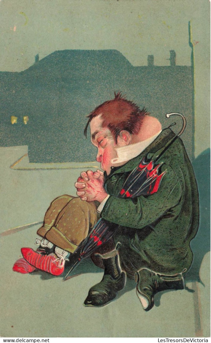 ILLUSTRATEUR -Un Homme Assis Dans La Rue La Nuit Soufflant Dans Ses Mains - Colorisé - Carte Postale Ancienne - Andere & Zonder Classificatie