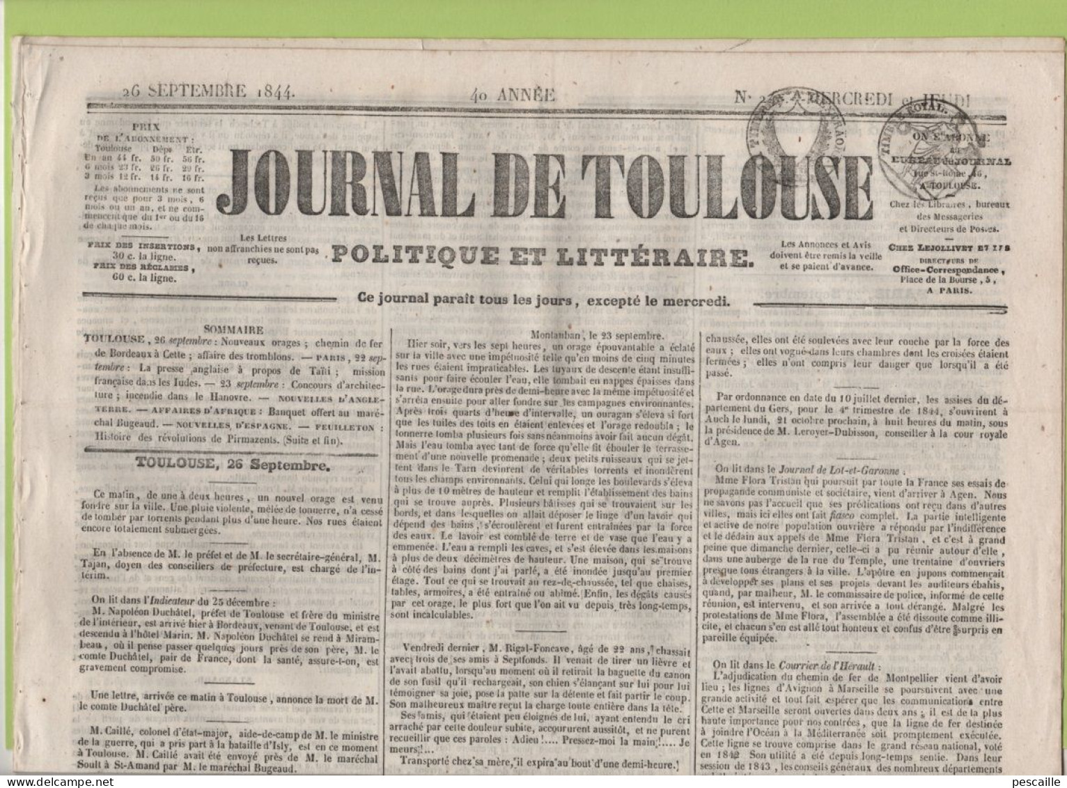 JOURNAL DE TOULOUSE 26 09 1844 - MASSAT - MONTAUBAN - FLORA TRISTAN AGEN - GABAS - CHINE - TAHITI - TOULON - TURQUIE - 1800 - 1849