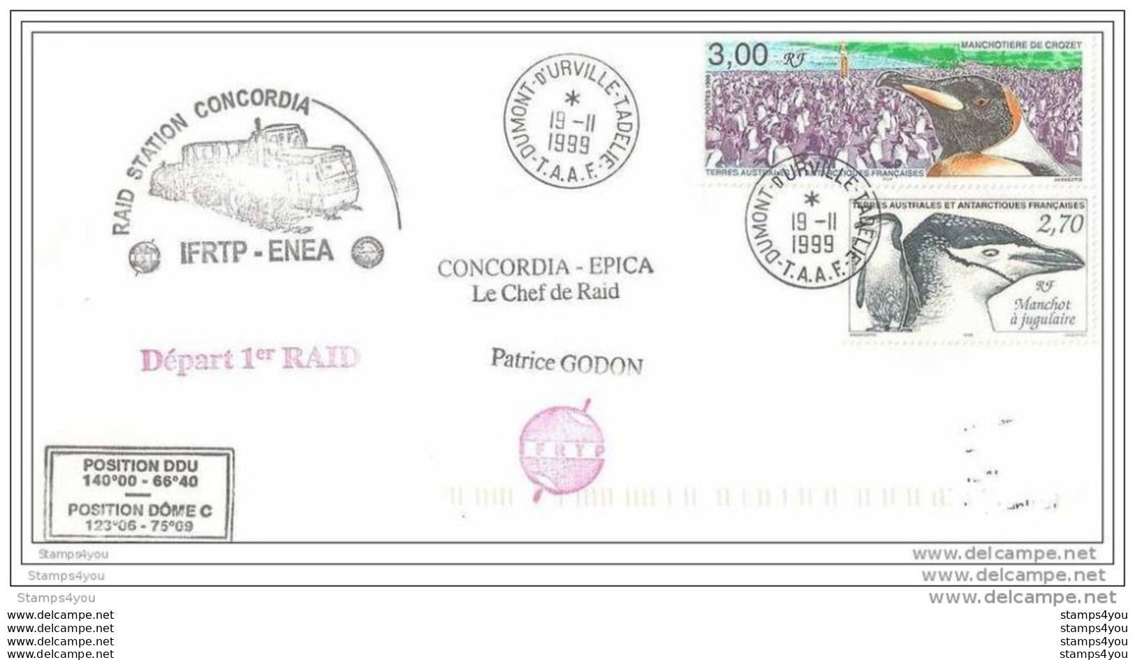 G 112 - Lettre De Terre Adélie "Raid Station Concordia - Départ 1er Raid 1999 - 2 Timbres Manchots" - Programmi Di Ricerca