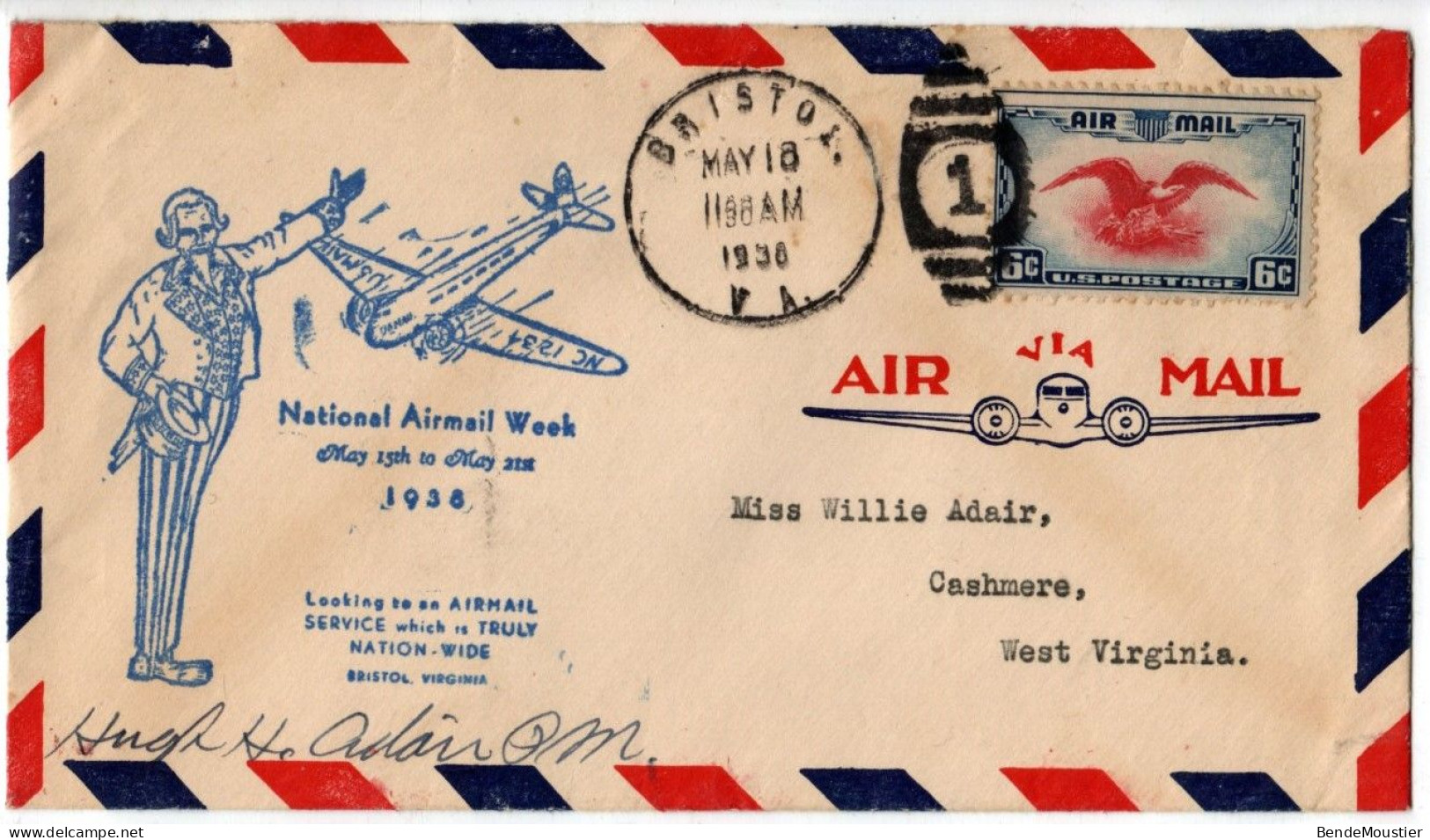 (N106) USA SCOTT # C 23 - Numeral Cancel 1 - Bristol (PA) - Cashmere (West Virginia) - 1936 - 1c. 1918-1940 Covers