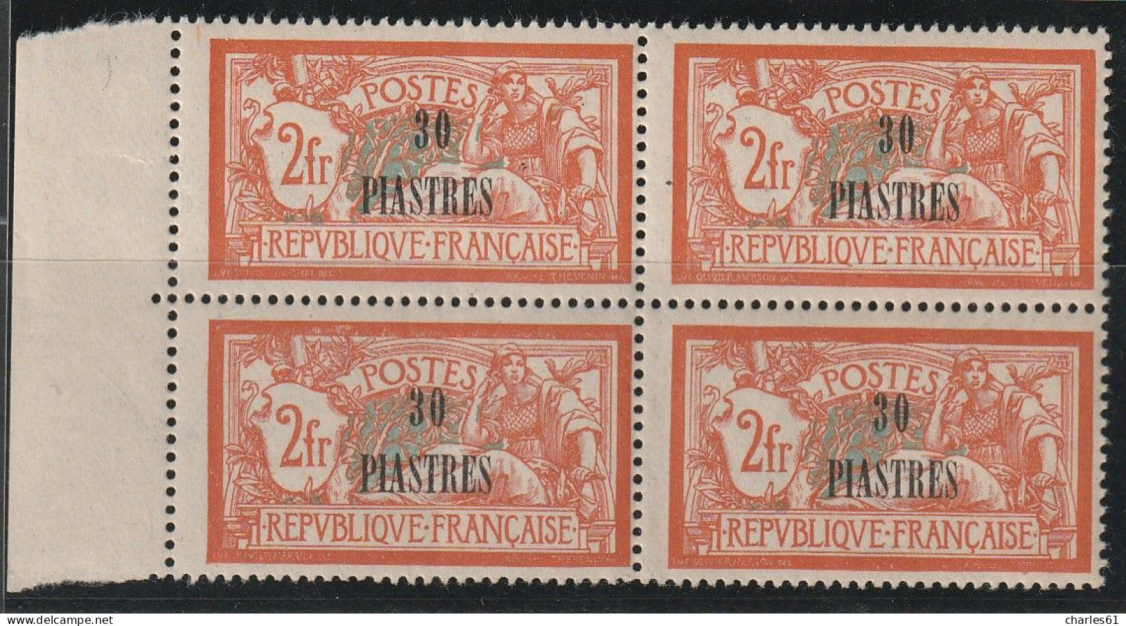 LEVANT - N°36 ** En Bloc De 4  (1921-22) 30pi Sur 2f Orange Et Vert-bleu - Nuovi