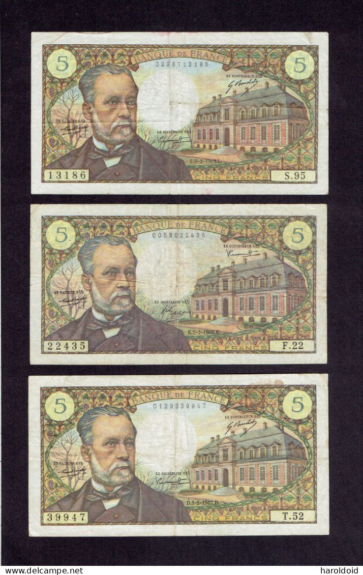 FRANCE - 3 BILLETS 5 F PASTEUR - K.7-7-1966.K. - D.5-5-1967.D. - L.6-2-1969.L. - 5 F 1966-1970 ''Pasteur''