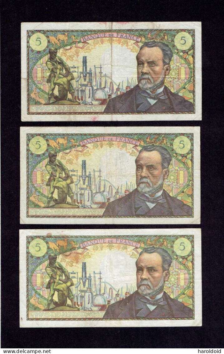 FRANCE - 3 BILLETS 5 F PASTEUR - K.7-7-1966.K. - D.5-5-1967.D. - L.6-2-1969.L. - 5 F 1966-1970 ''Pasteur''