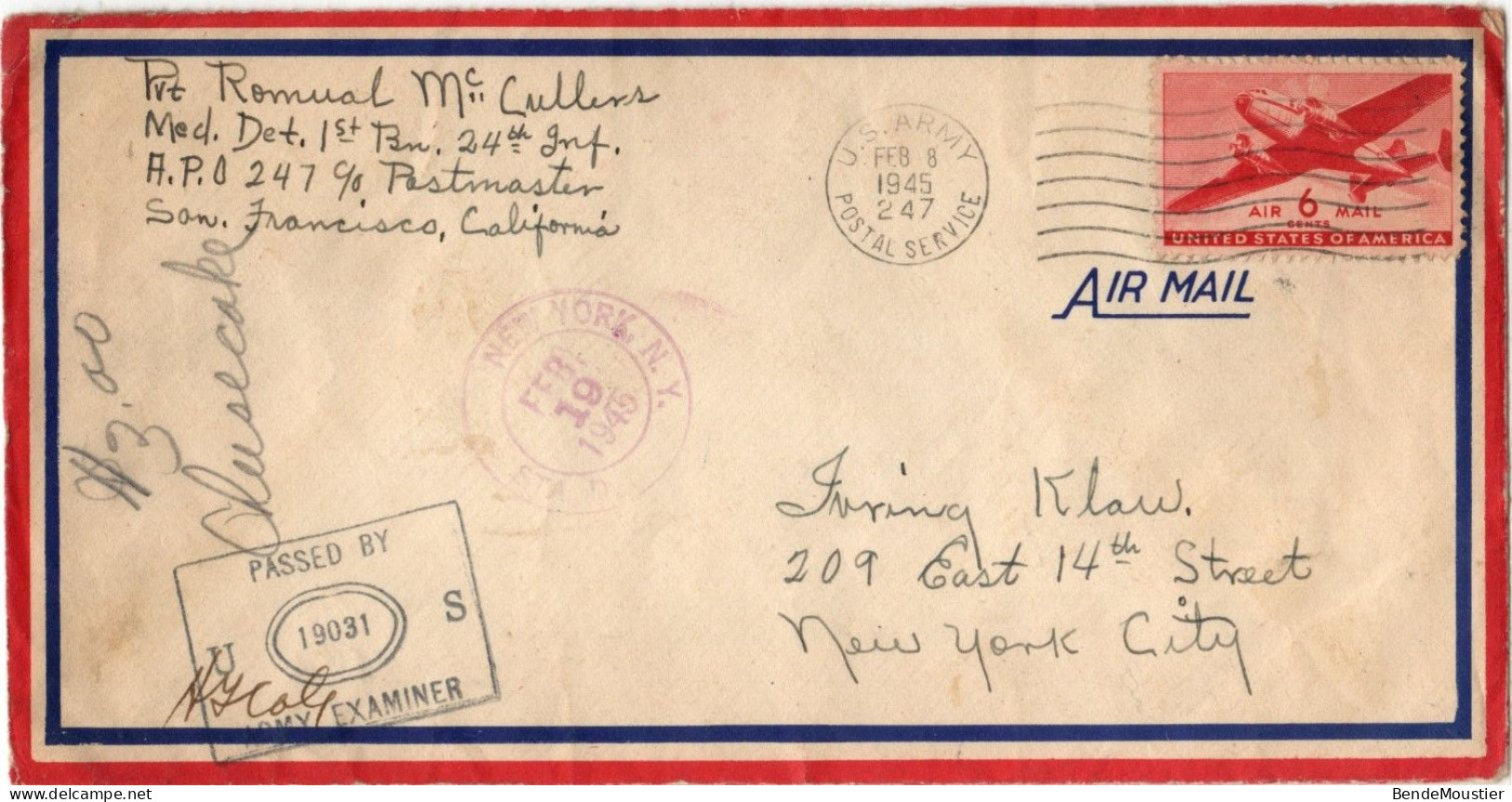 (N107) USA SCOTT # C 25 - Army Examiner 19031 - U.S.Army Postal Service - 1945 - 1c. 1918-1940 Covers