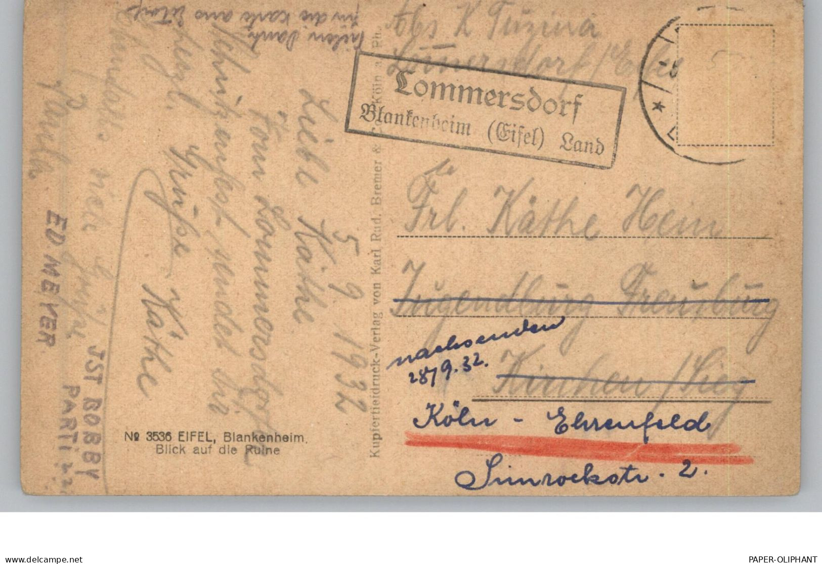 5378 BLANKENHEIM, Strassenpartie, 1932, Landpoststempel "Lommersdorf Blankenheim Land", Brfm. Fehlt - Euskirchen