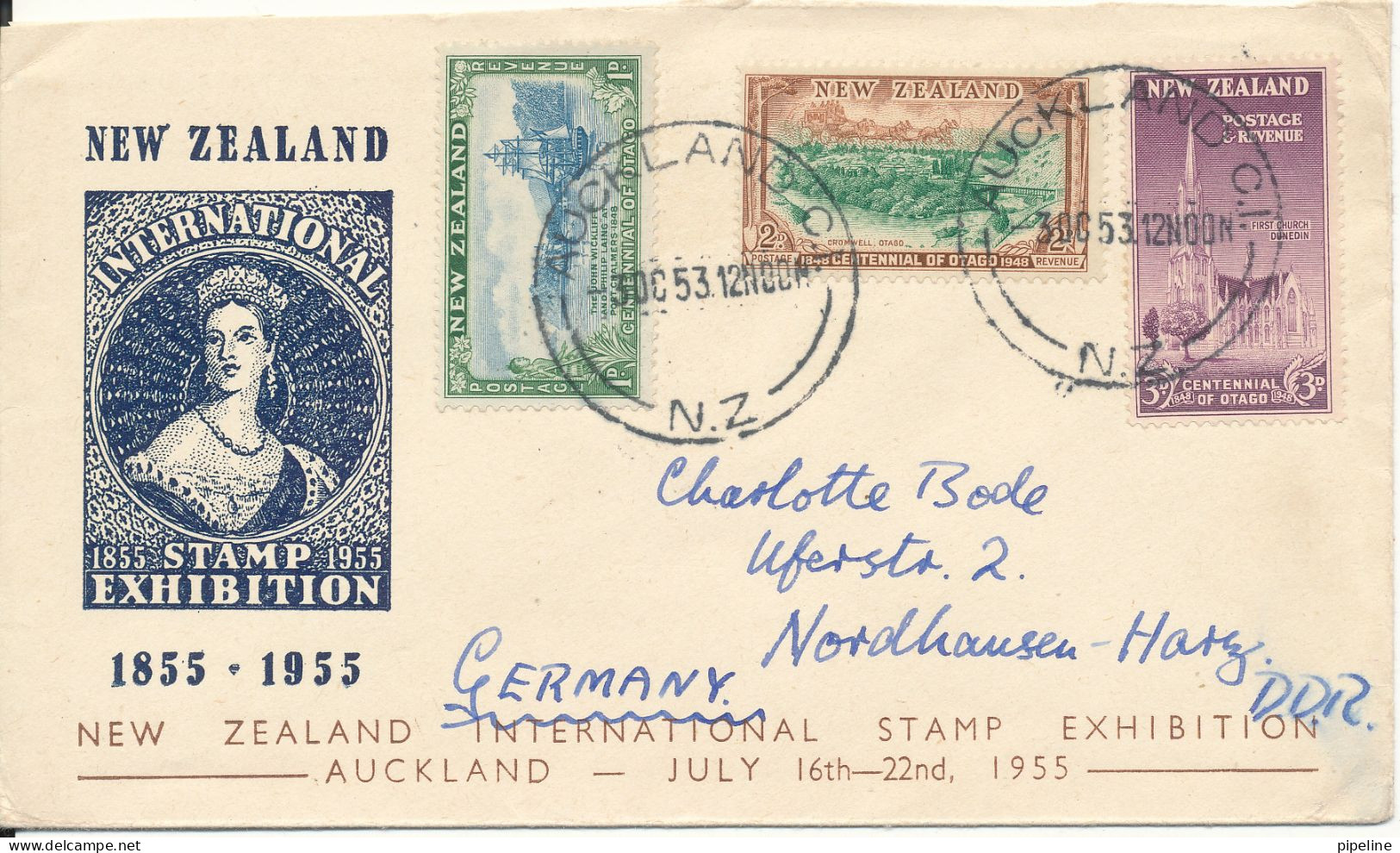 New Zealand Cover International Stamp Exhibition 1955 Sent To Germany DDR 3-10-1953 - Covers & Documents