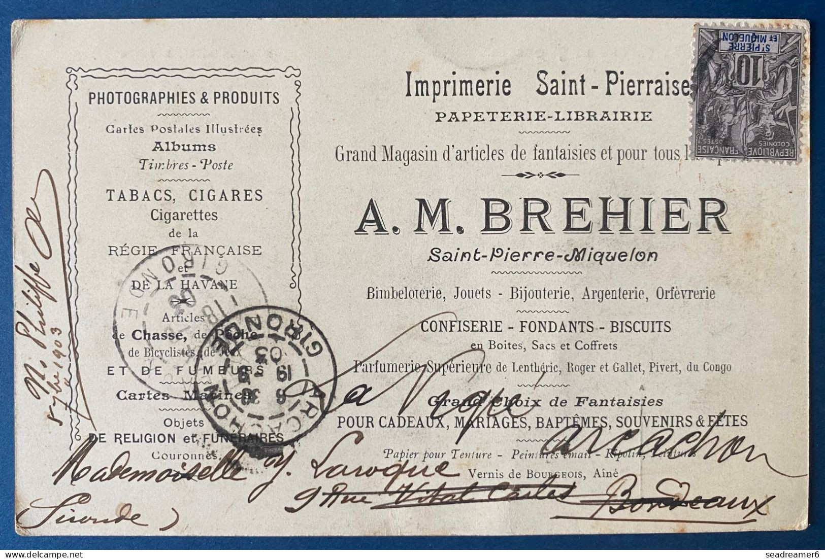 Carte Publicitaire 1903 De L'imprimerie ST PIERRAISE BREHIER Avec Groupe N°63 10c Noir Lilas Obl BOUCHON De Barres RR - Briefe U. Dokumente