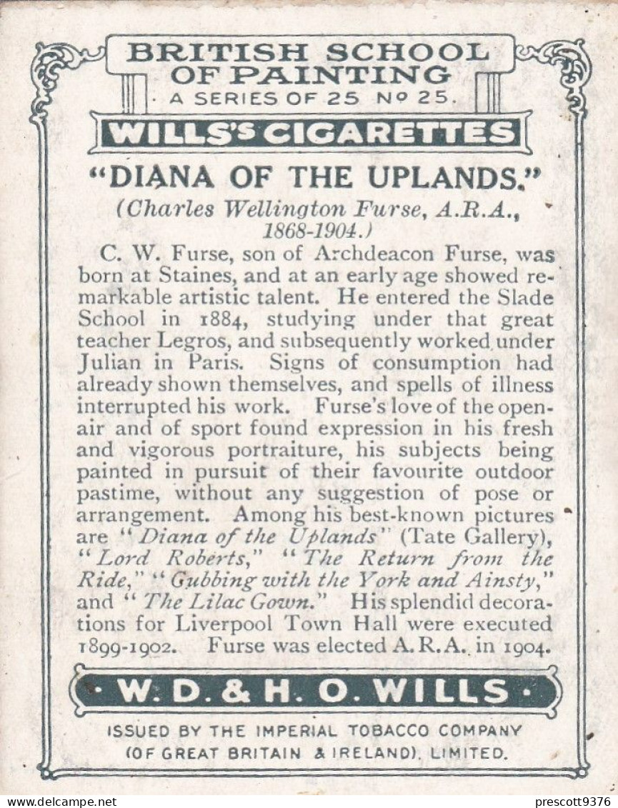 British School Of Painting 1927 - 25 "Diana Of The Uplands" Charles Wellington Furse -  Wills Cigarettes -  L Size - - Wills