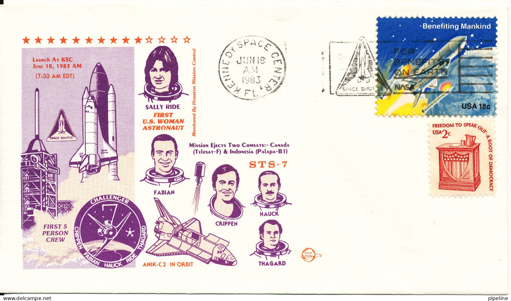 USA Special Space Cover STS - 7 Sally Ride First U.S. Woman Astronaut Kennedy Space Center 18-6-1983 With Nice Cachet - América Del Norte