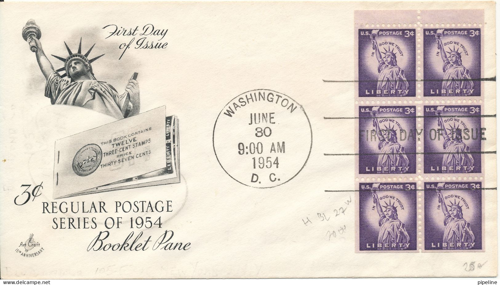 USA FDC Washington 30-6-1954 3c. Booklet Pane Regular Postage Series Of 1954 With Art Craft Cachet - 1951-1960