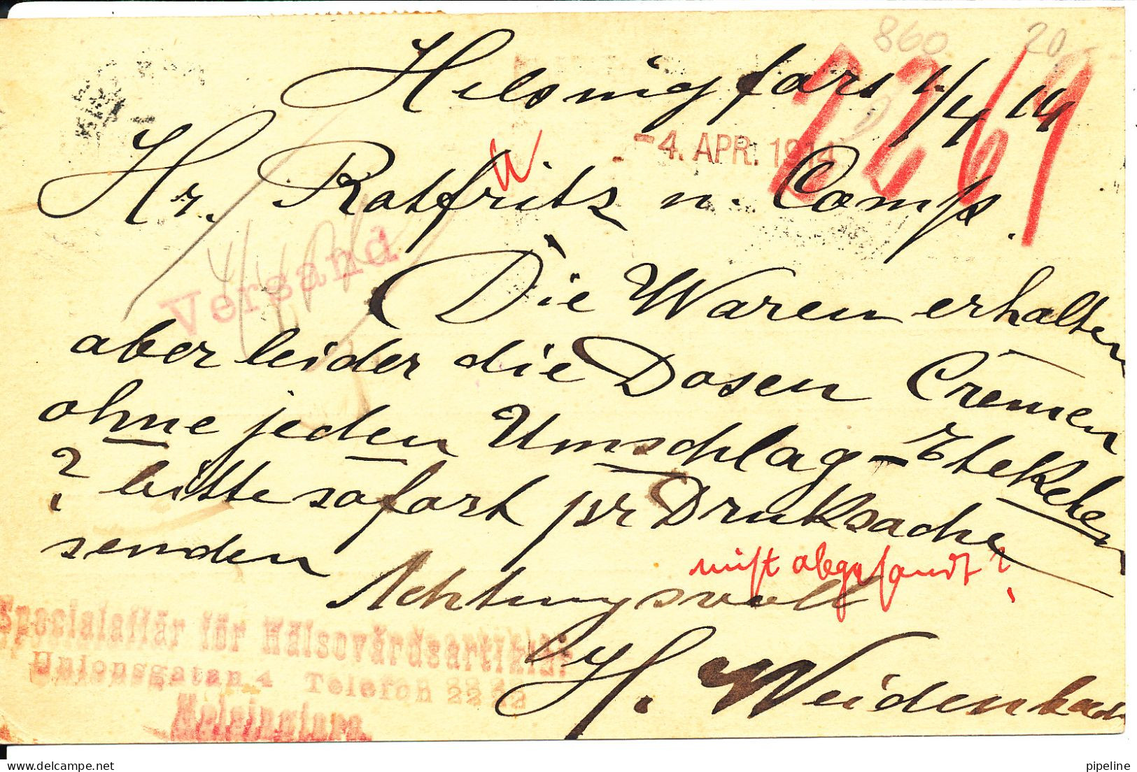 Finland Postcard Sent To Germany Helsinki 1-4-1914 - Cartas & Documentos