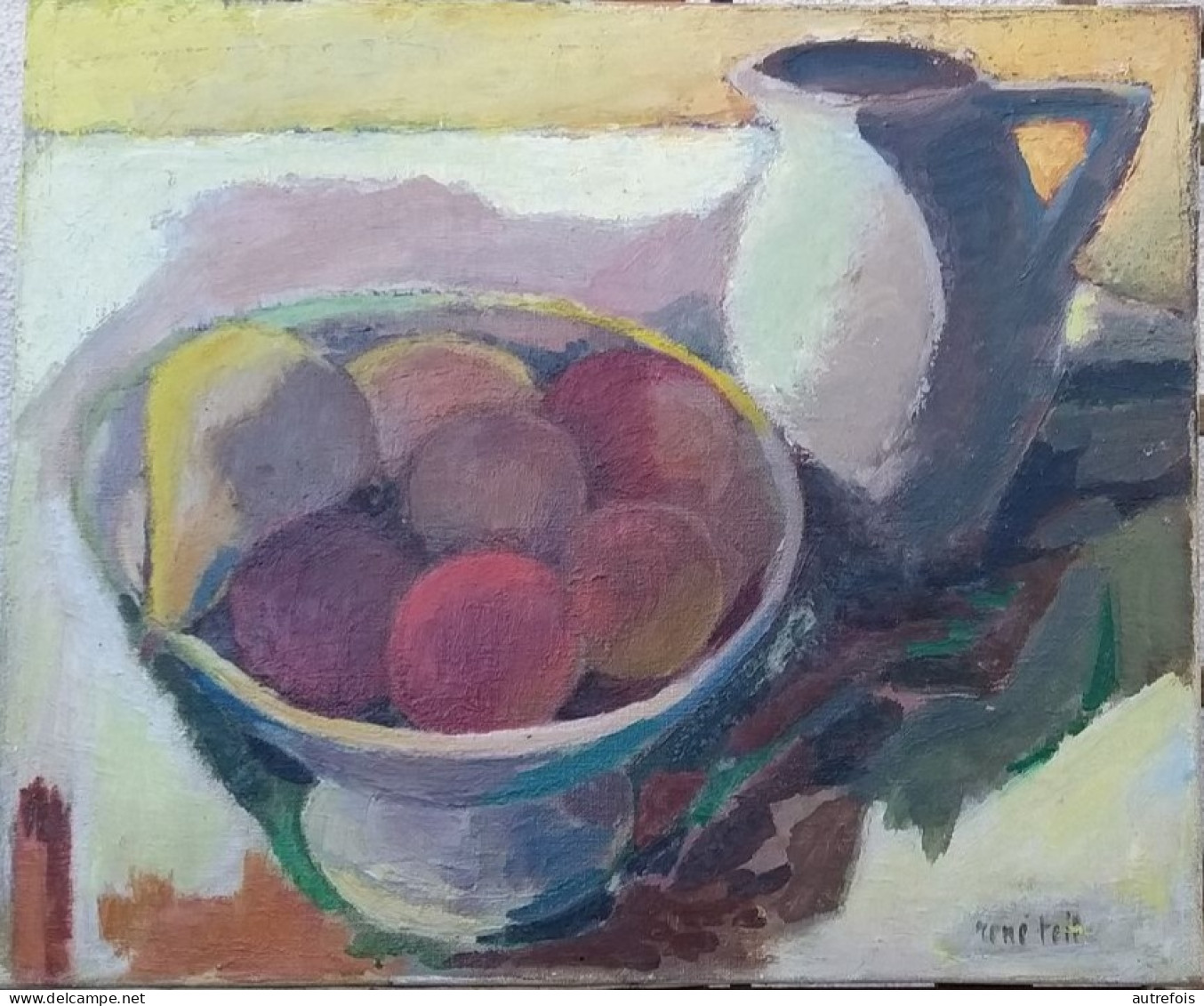 René TEIL  NATURE MORTE A LA CRUCHE BLANCHE  - PEINTURE HUILE  -  LEGENDE AU DOS  -   LANCIE  69220 - Oils