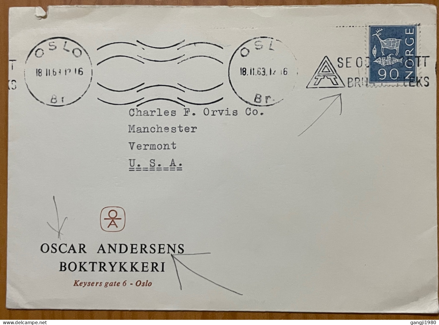 NORWAY 1963, COVER USED TO USA, ADVERTISING FIRM, OSCAR ANDERSENS BOKTRYKKERI, OSLO CITY SLOGAN, ROLLER CANCEL. - Briefe U. Dokumente