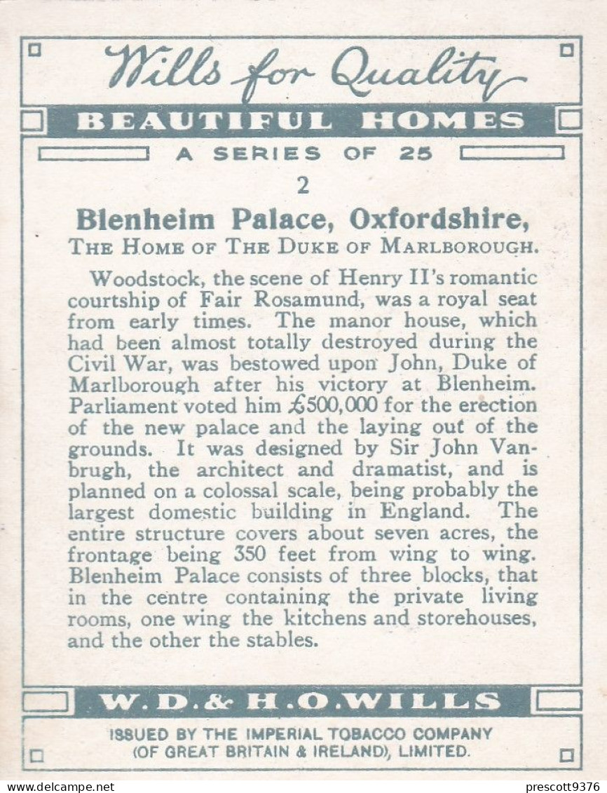 Beautiful Homes 1927 - 2 Blenheim Palace, Oxfordshire -  Wills Cigarettes -  L Size - - Wills