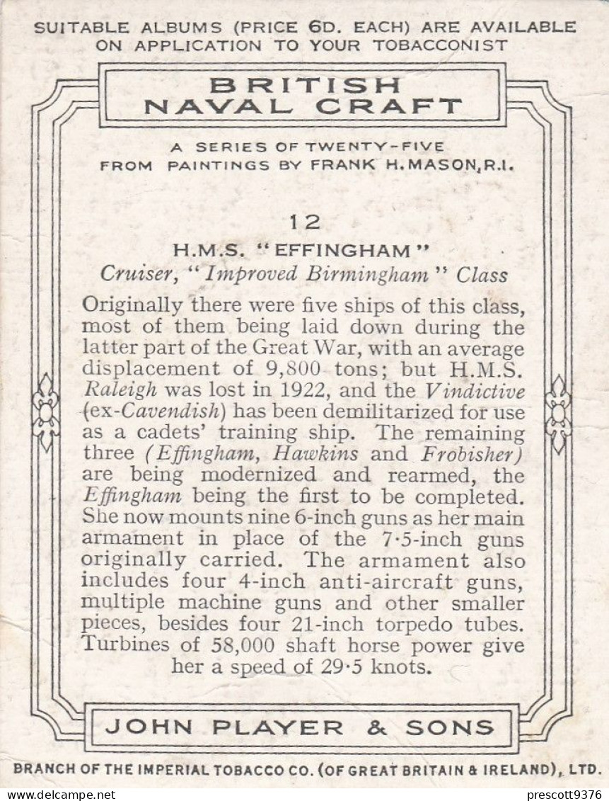 British Naval Craft 1939 - 12 HMS Effingham, Birmingham Class Cruiser -  Wills Cigarettes -  L Size - - Wills