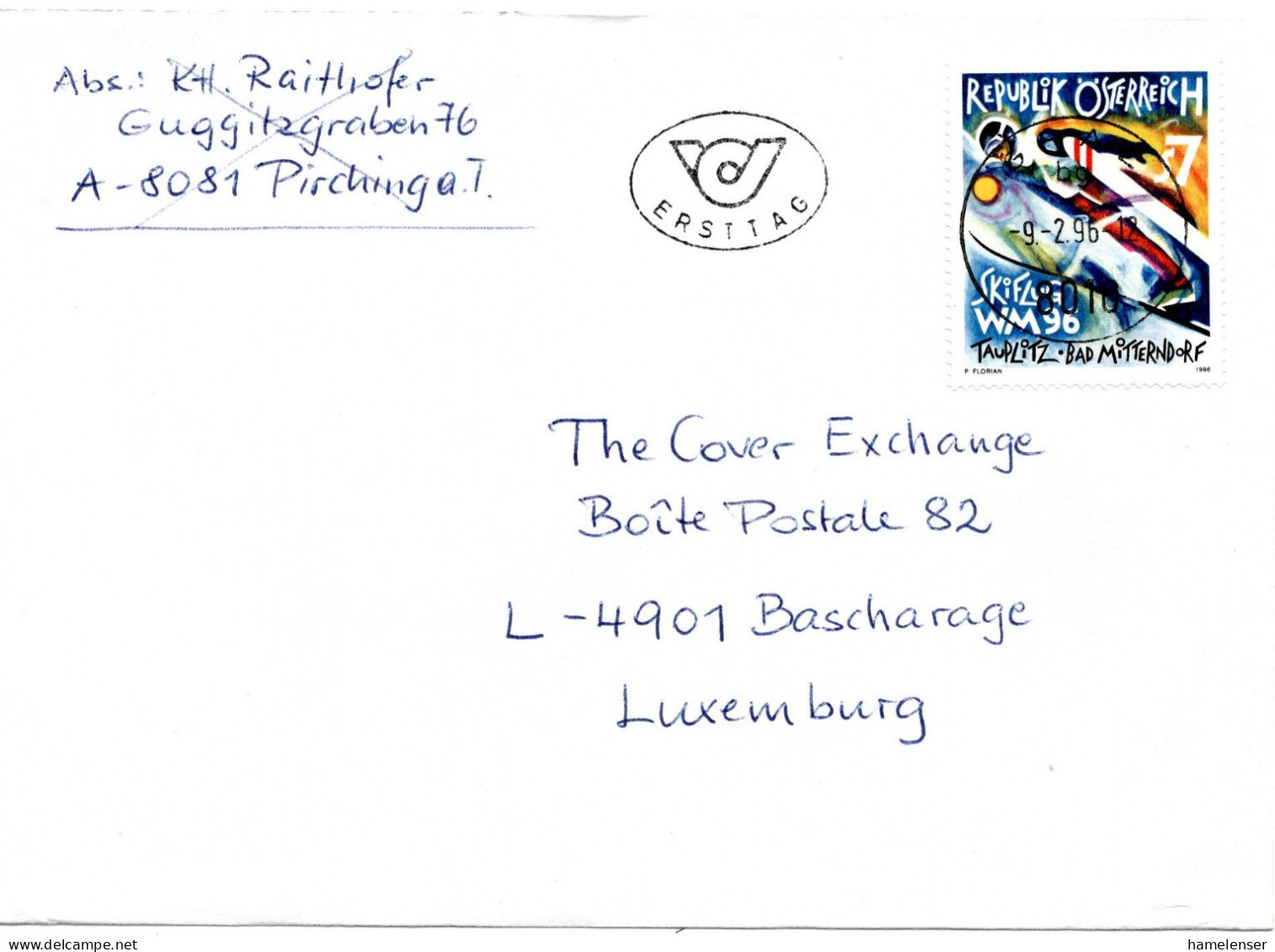 60813 - Oesterreich - 1996 - S7 Skiflug-WM EF A FDC GRAZ -> Luxemburg - Winter (Varia)