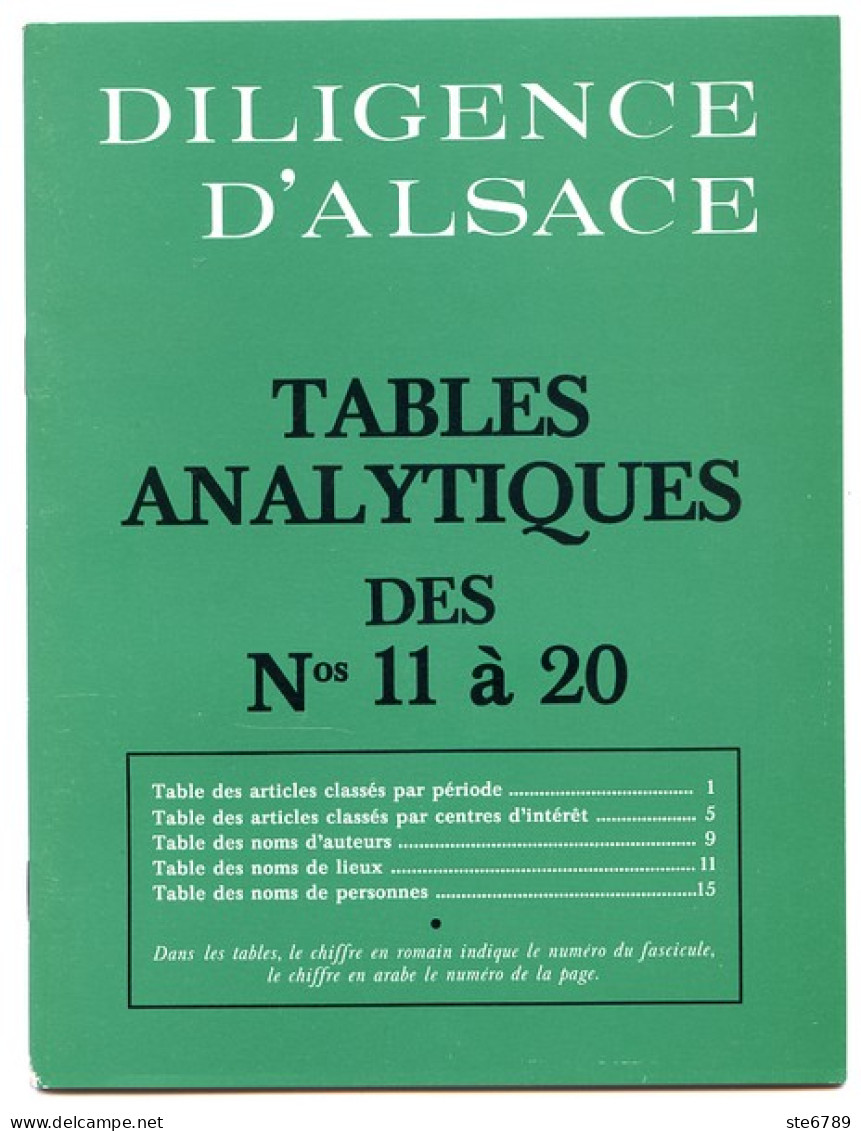 DILIGENCE D'ALSACE Tables Analytiques Des Numéros 11 à 20 , Noms Lieux Personnes Auteurs , Par Période - Alsace