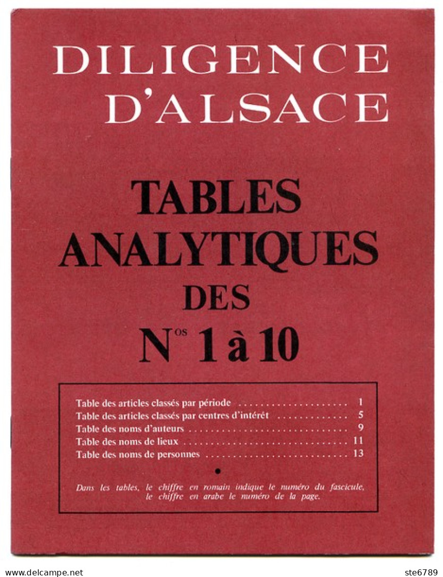 DILIGENCE D'ALSACE Tables Analytiques Des Numéros 1 à 10 , Noms Lieux Personnes Auteurs , Par Période - Alsace