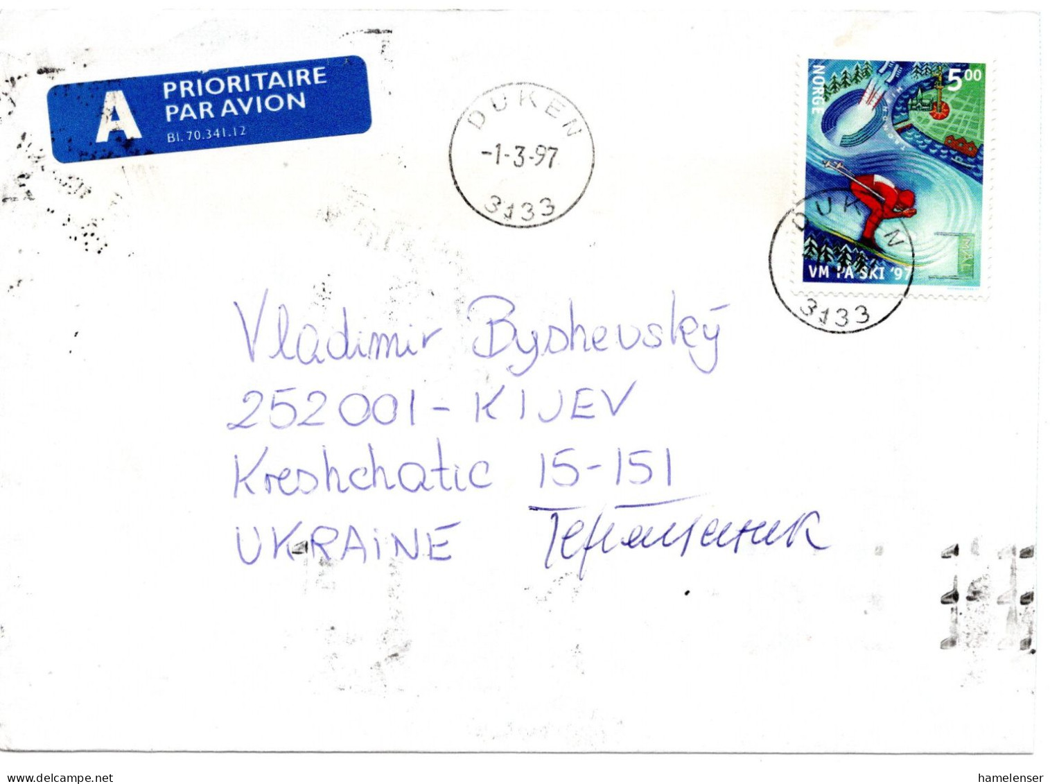 60814 - Norwegen - 1997 - 5Kr Ski-WM EF A Bf DUKEN -> KYIV (Ukraine) - Skiing