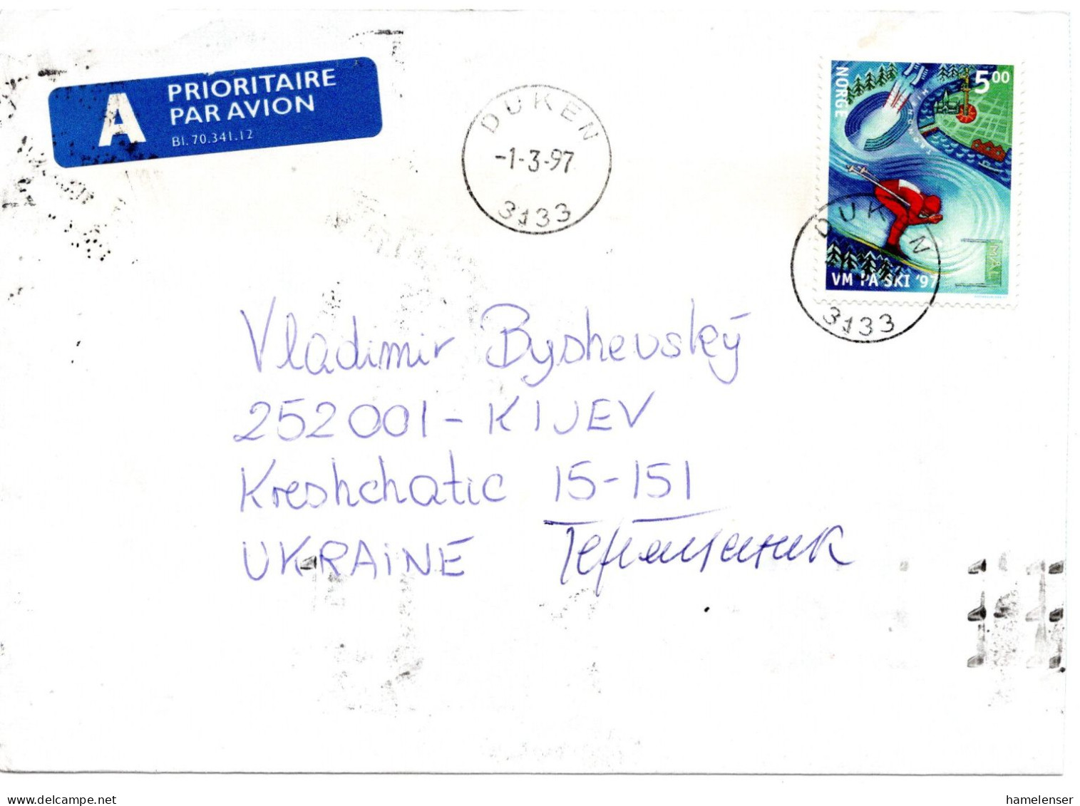 60814 - Norwegen - 1997 - 5Kr Ski-WM EF A Bf DUKEN -> KYIV (Ukraine) - Sci