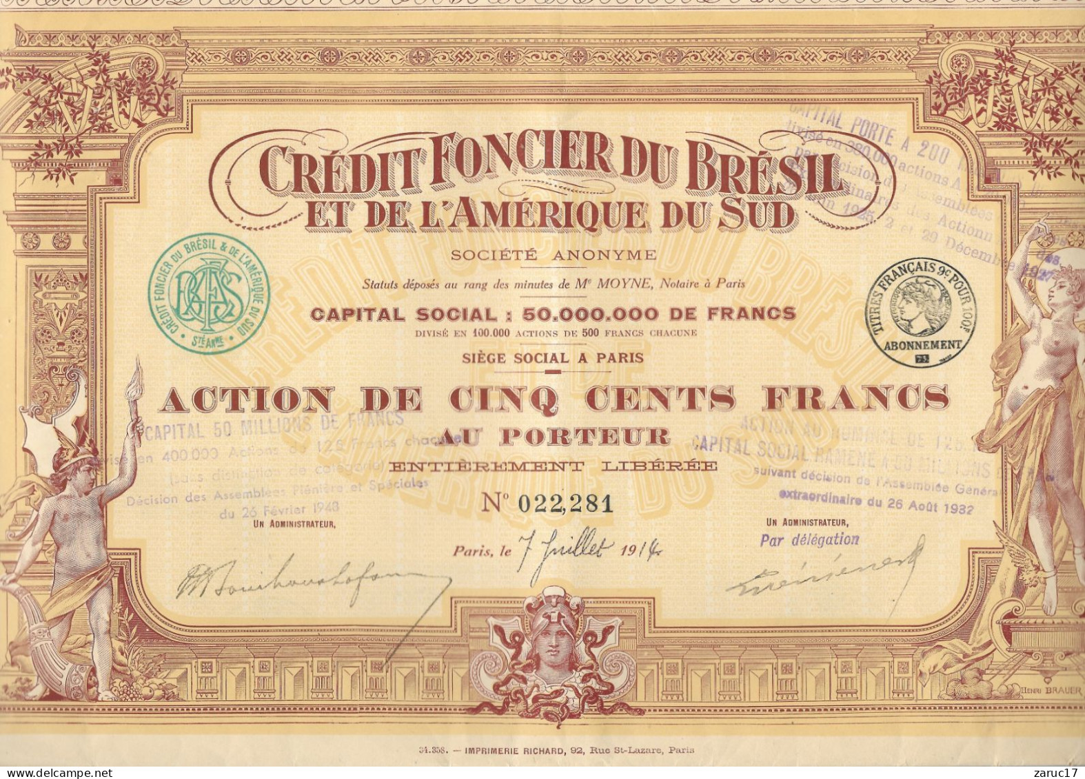 ACTION CREDIT FONCIER DU BRESIL ET DE L  AMERIQUE DU SUD 1914 Paris 500 FRS AU PORTEUR - Banque & Assurance