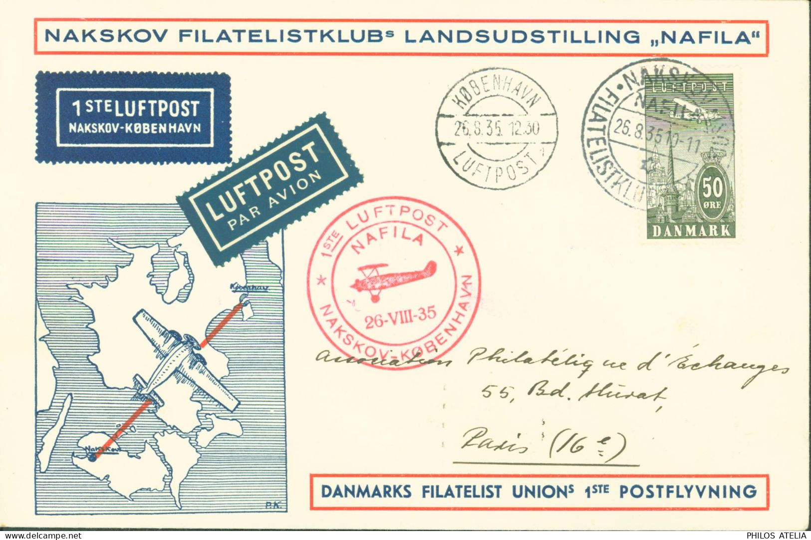 Danmark Nakskov Filatelistklubs Landsudstilling Nafila Cachet 1ste Luftpost Naskov Kobenhavn Nafila 26 VIII 35 YT Ae N°9 - Luftpost