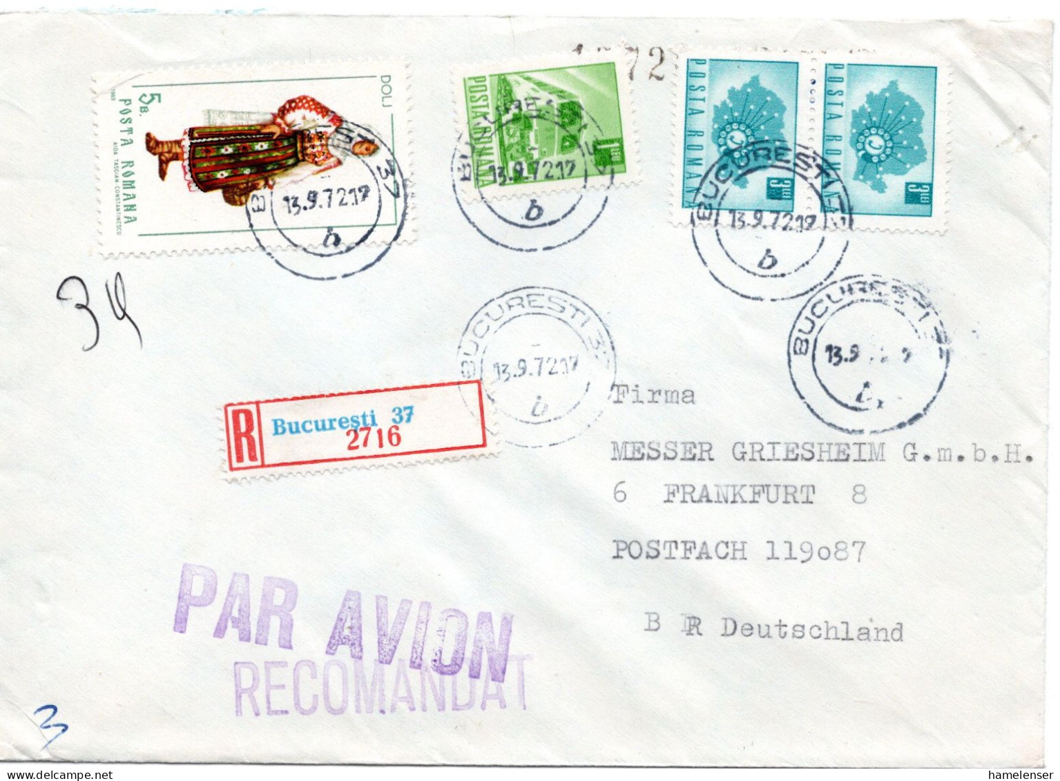 60829 - Rumänien - 1972 - 2@3L MiF A R-LpBf BUCURESTI -> Westdeutschland - Storia Postale