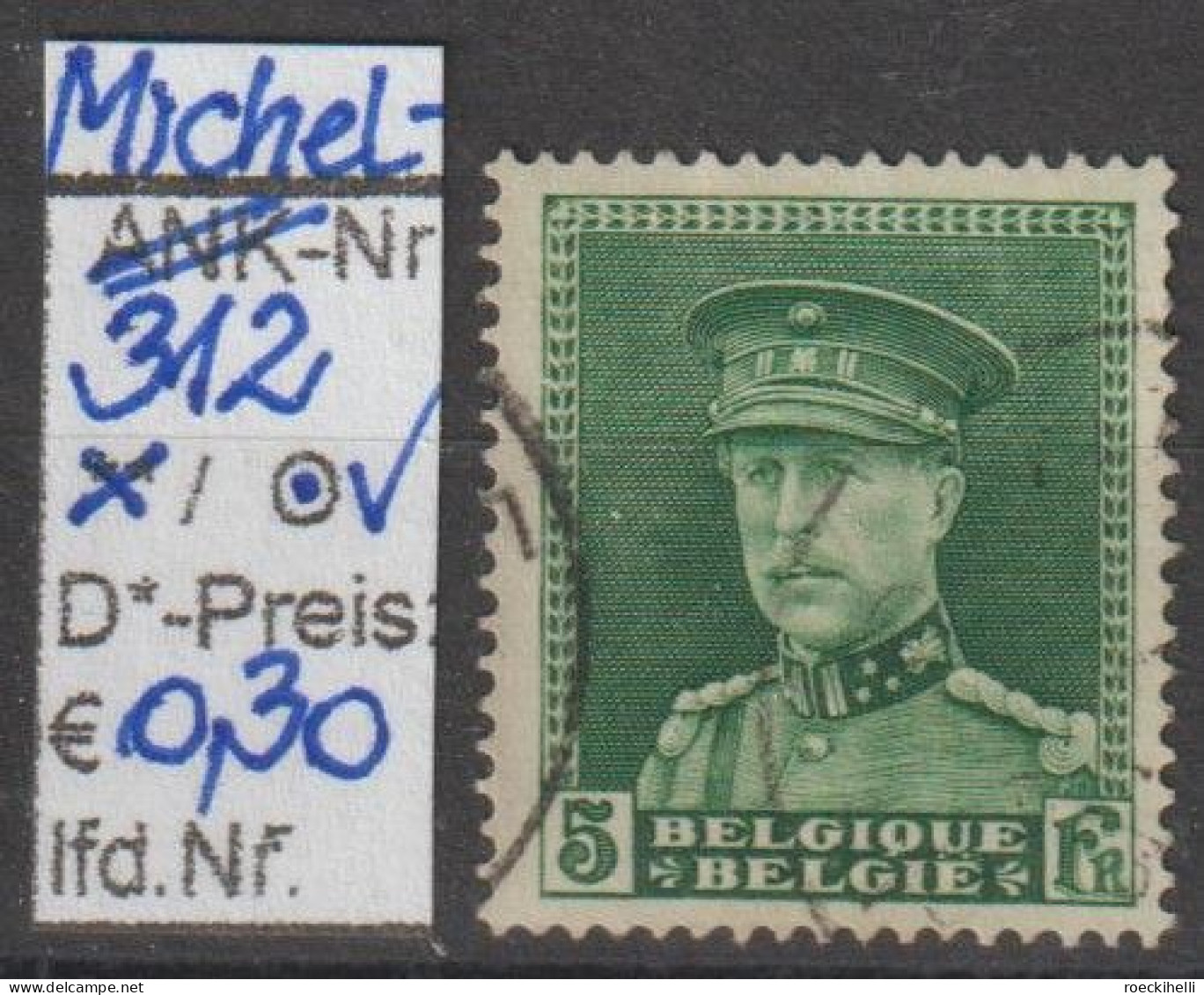 1931 - BELGIEN - FM/DM "König Albert I. M. Schirmmütze" 5 Fr Grün - O  Gestempelt - S.Scan (312o Be) - 1931-1934 Kepi