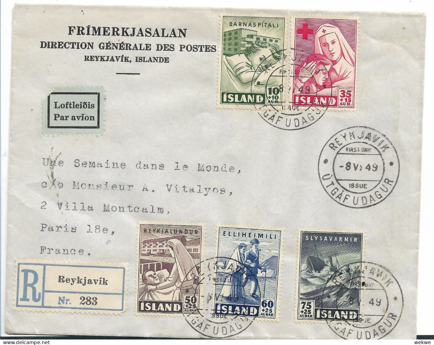 ISLAND 072 / Wohltätigkeitsvereinigungen, Einschreiben Vom Ersttag 8.6.1949 - Lettres & Documents