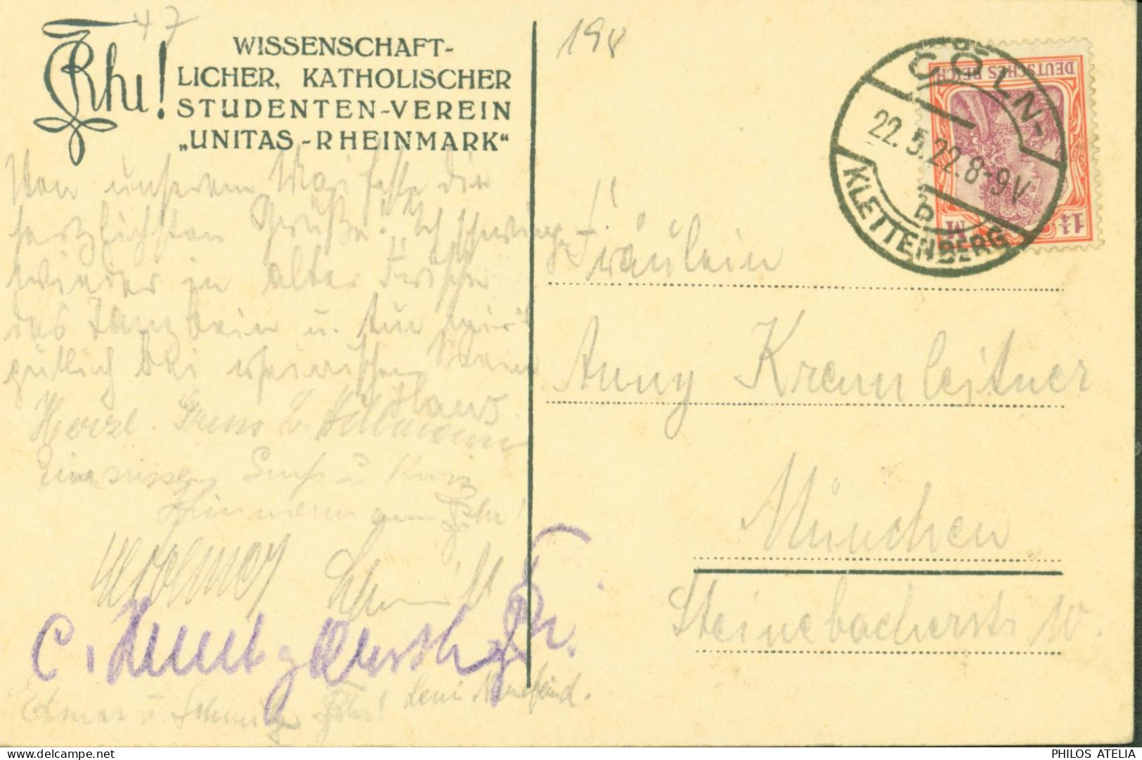 Deutsches Reich YT N°129 Seul Sur Lettre CAD Coln Klettenberg 22 5 1922 CPA Köln Unitas Rheinmark - Altri & Non Classificati