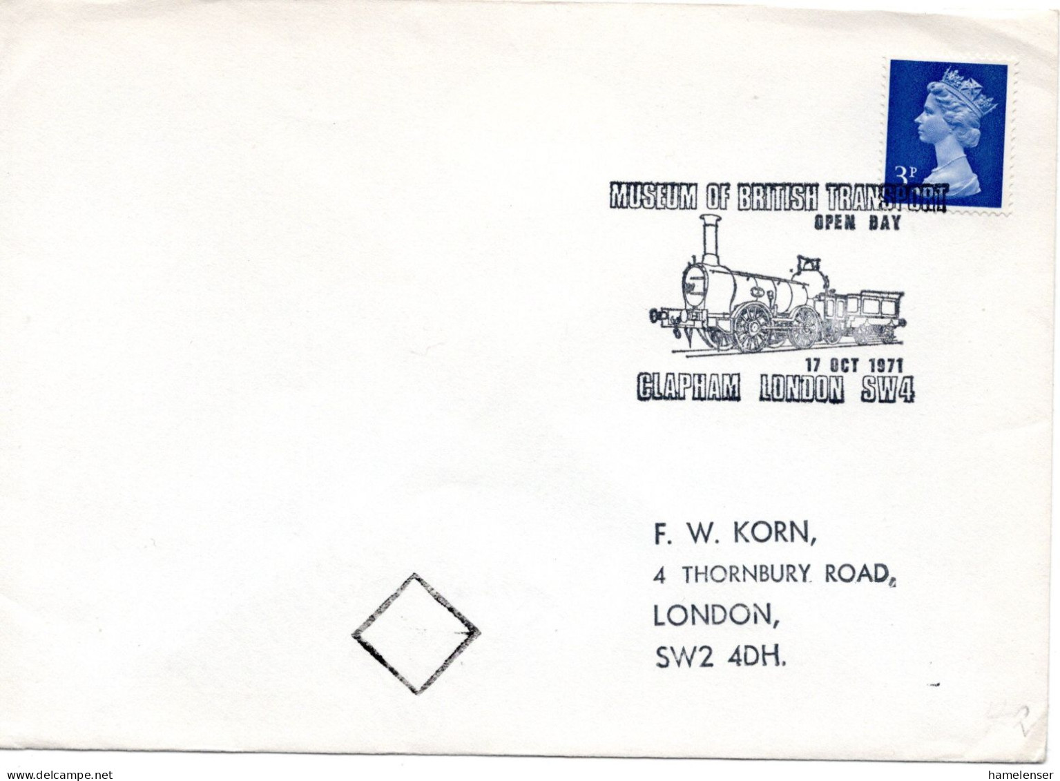 60833 - Grossbritannien - 1971 - 3p Machin EF A OrtsBf (Klappe Fehlt) SoStpl CLAPHAM LONDON - ... BRITISH TRANSPORT - Treinen