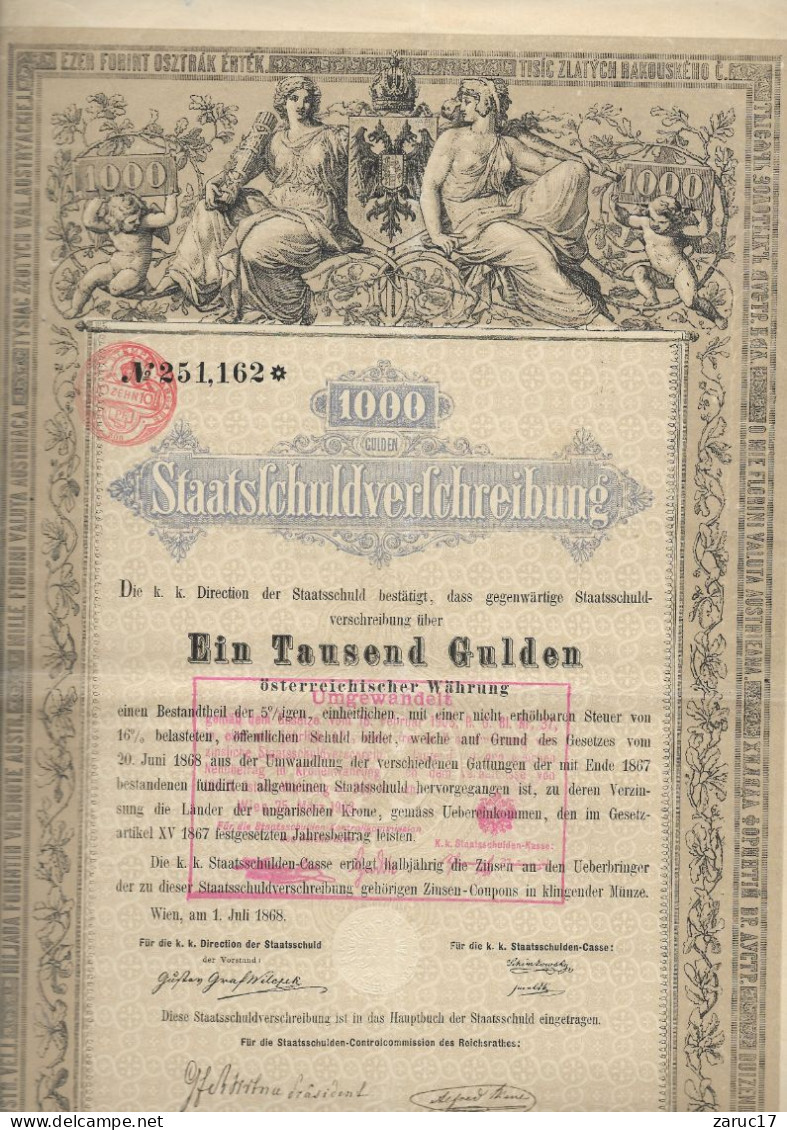 ACTION De 1896 Action STAATSFCHULDVERFCHREIBUNG 1000 Florins AUTRICHE Avec COUPONS  JOLIE GRAVURE - Banque & Assurance