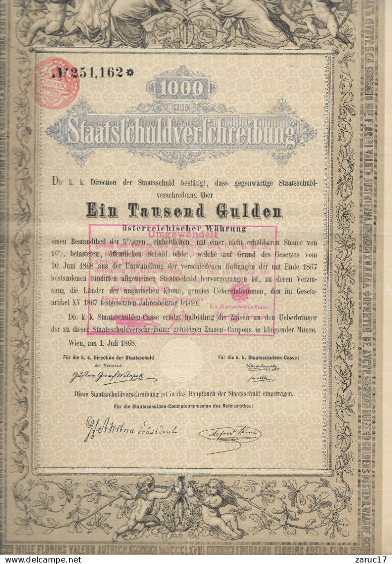 ACTION De 1896 Action STAATSFCHULDVERFCHREIBUNG 1000 Florins AUTRICHE Avec COUPONS  JOLIE GRAVURE - Banque & Assurance