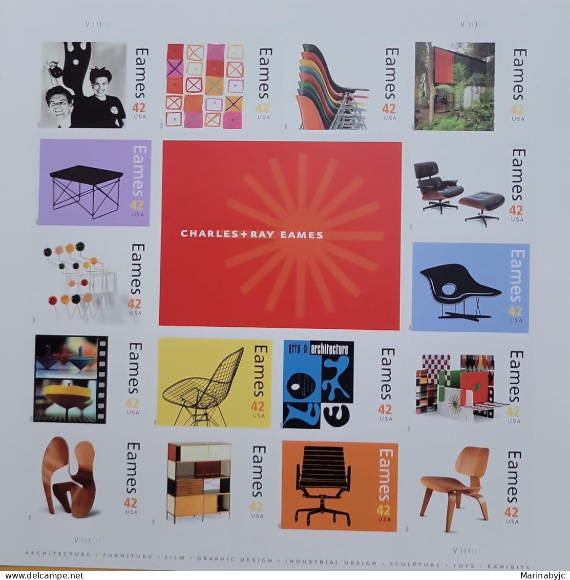 Vtaeb.EL)2008 USA, MINISHEET OF 13 STAMPS, CHARLES+RAY EAMES, ARCHITECTURE, FURNITURE, MOVIES, GRAPHIC DESIGN, INDUSTRIA - Neufs