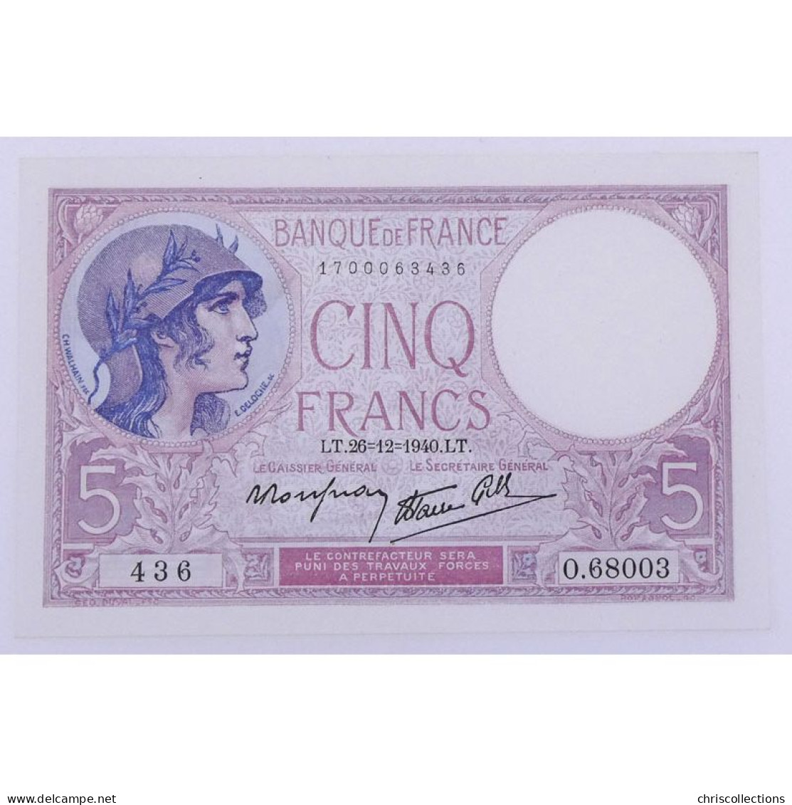  5 Francs Violet 26.12.1940, O.68003, SUP - 5 F 1917-1940 ''Violet''