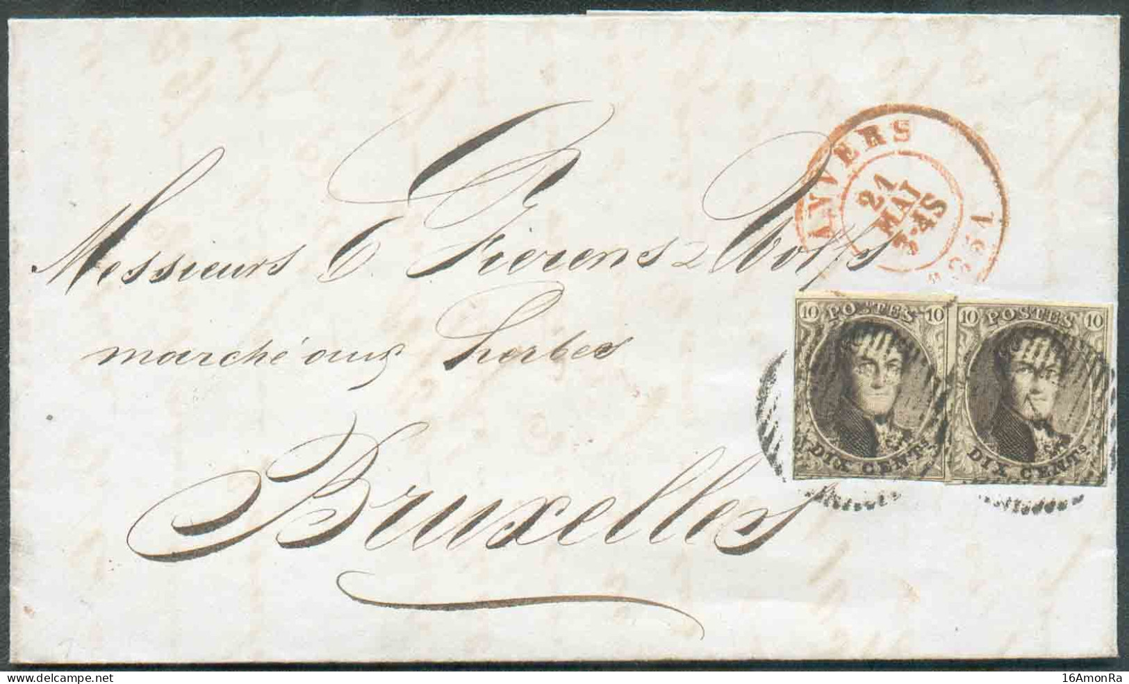 N°3(2) - Médaillons 10 Centimes Brun-gris, 2 Ex. TB Margés, Obl. P.4 S/L. D'ANVERS Le 24 Mai 1851 Vers Bruxelles. Très F - 1849-1850 Medaillons (3/5)