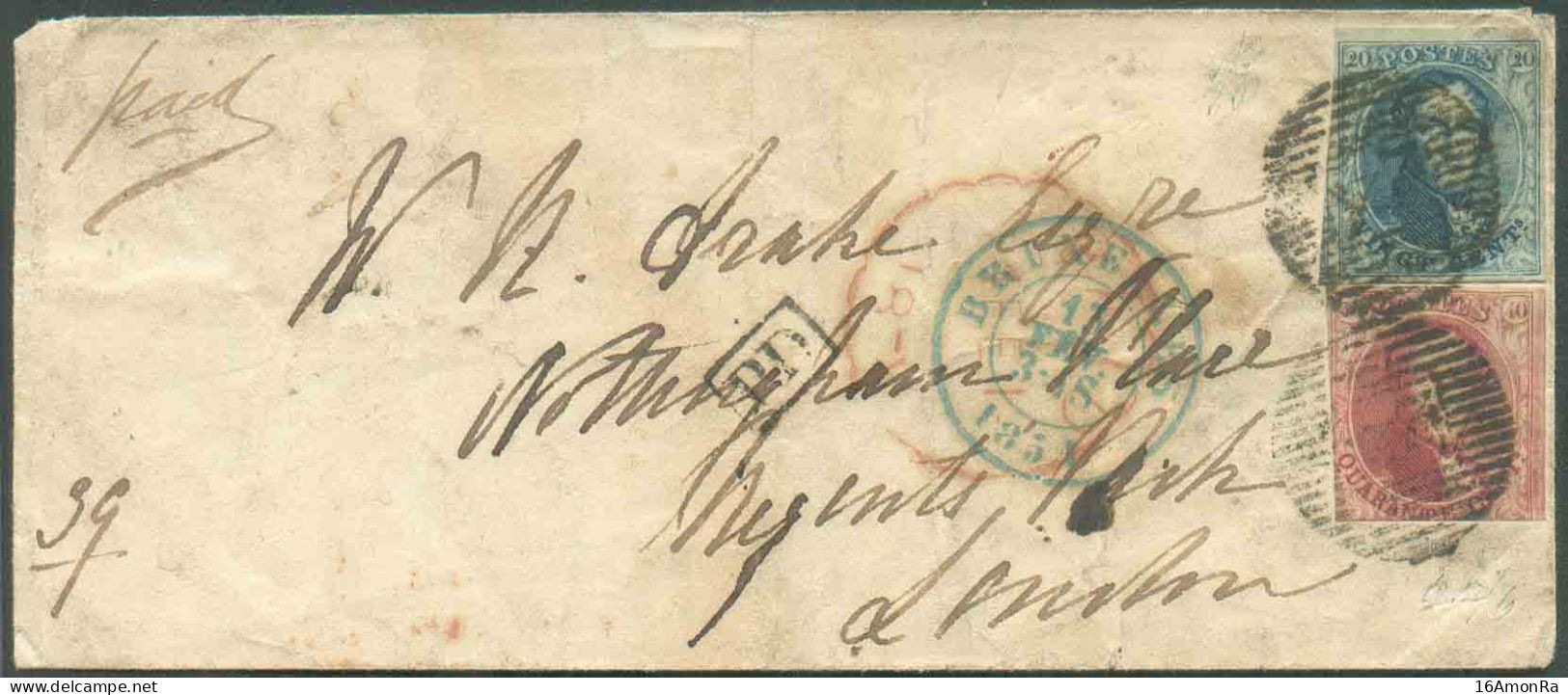 N°4/5 - Médaillons 20 Centimes (TB Margé) Et 40 Centimes (touché En Bas), Obl. P.24 Sur Enveloppe De BRUXELLES Le 13 Fév - 1849-1850 Medaillen (3/5)