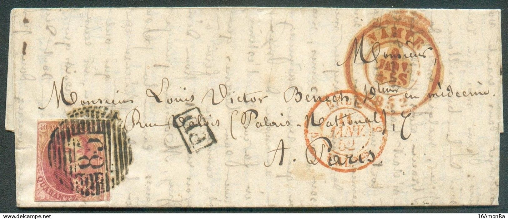 N°5 - Médaillon 40 Centimes Carmin-rose Obl. P.85 Sur Lettre De NAMUR Le 9 Janvier 1852 Vers Paris.  Très Frais.  - 1441 - 1849-1850 Medallions (3/5)