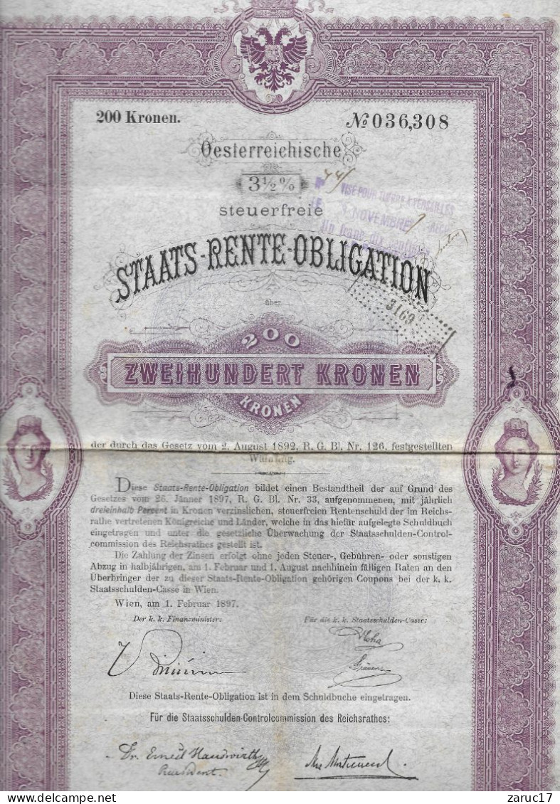 ACTION De 1897 Action  OESTERREICHISCHE 3 1/2% STAATS RENTE OBLIGATION - 200 KRONEN 1897 -Avec 6  COUPONS - Banque & Assurance