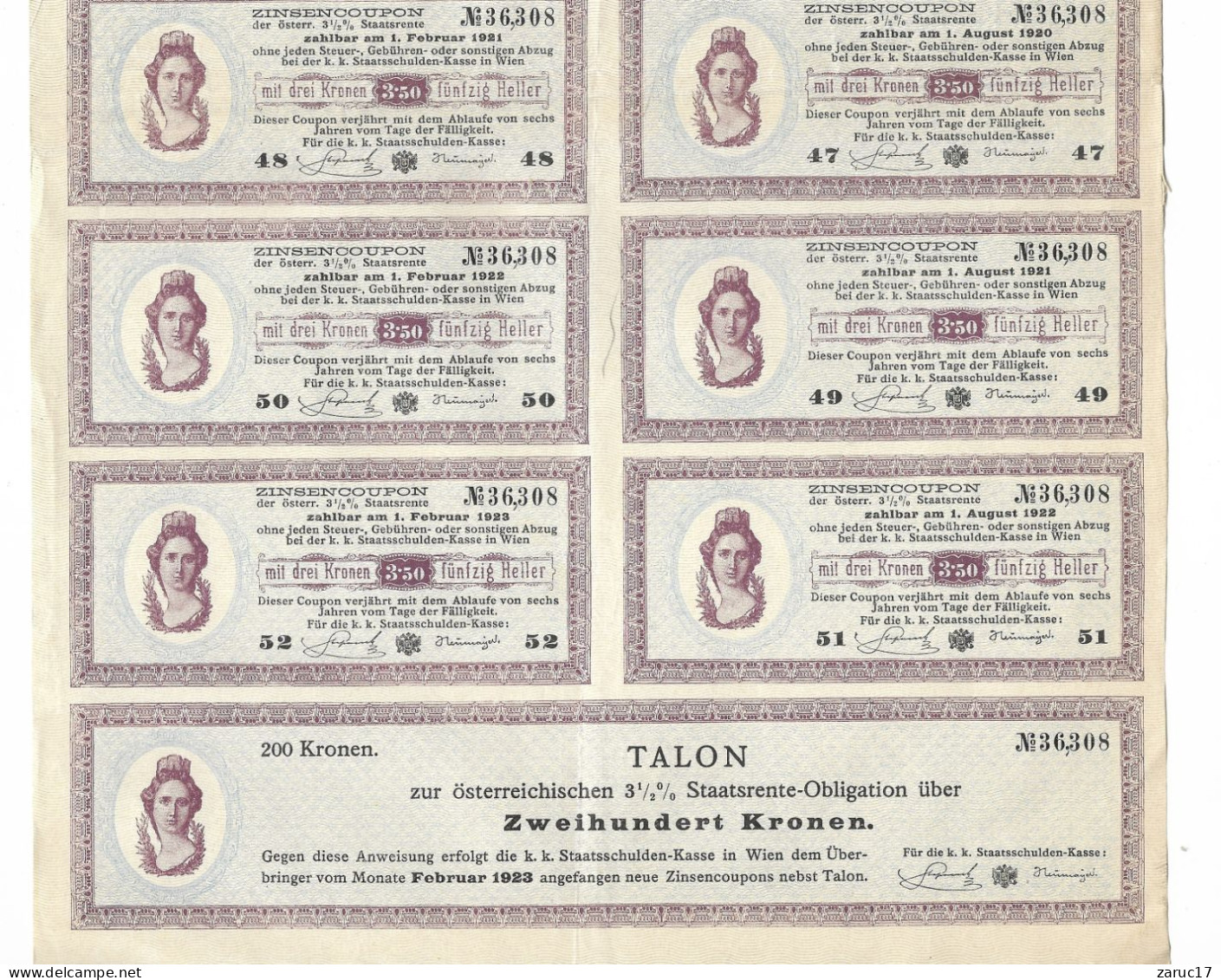 ACTION De 1897 Action  OESTERREICHISCHE 3 1/2% STAATS RENTE OBLIGATION - 200 KRONEN 1897 -Avec 6  COUPONS - Banque & Assurance