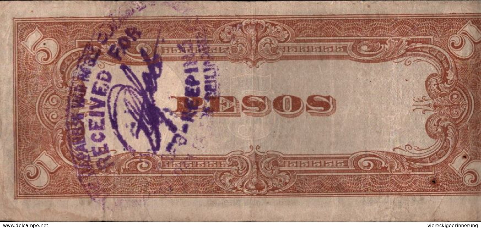 !  Banknote Philippines , Japanese Government, 5 Pesos, Backstamp, 2 Pinholes - Philippinen