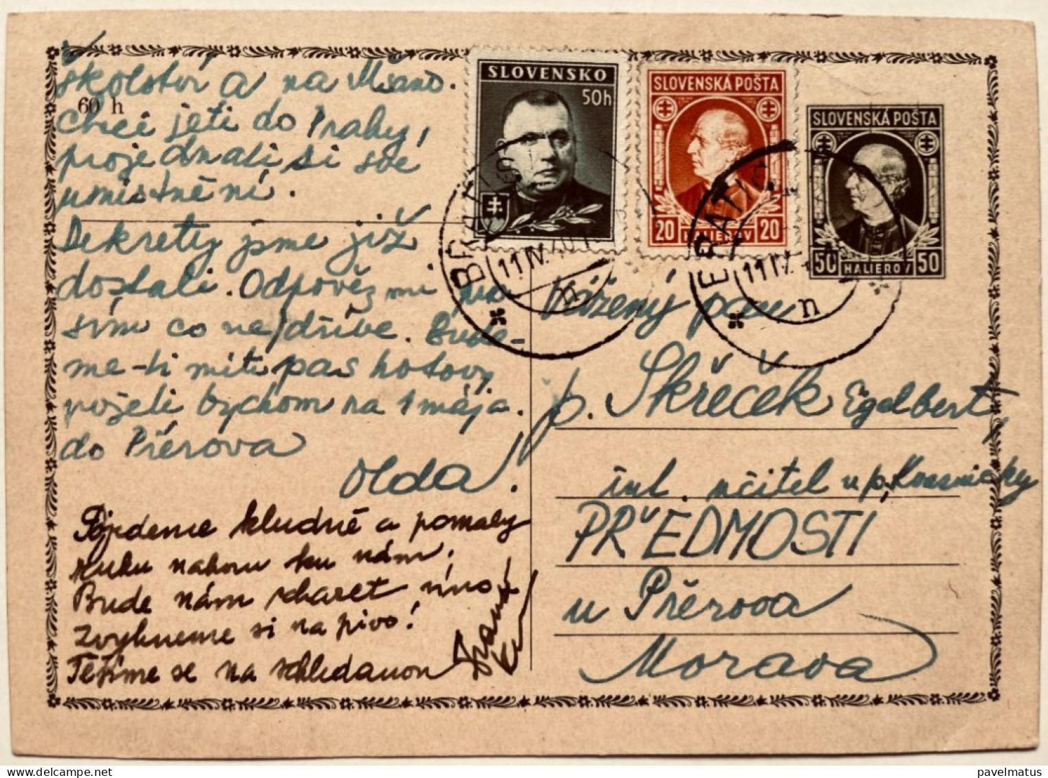 Slovakia 1940 Uprated Postal Card CDV2 Bratislava 11.4.1940 To Predmosti Bohemia - Postales