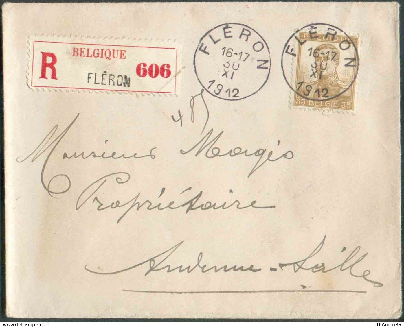 N°113 - 35 Centimes Bistre Obl. Sc FLERON Sur Enveloppe Recommandée Du 30-XI-1912 Vers Andenne-Seilles; Verso : Man. 'Ab - 1912 Pellens