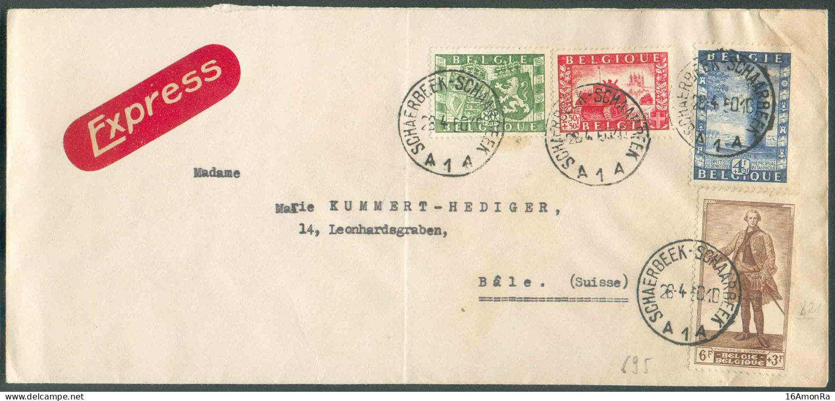 N°821-823/825 - Affr. 6Frs. SENAT + Série UNION BELGO-BRITTANIQUE Obl. Sc SCHAERBEEK 1 Sur Lettre Exprès (Etiq.) Du 28-4 - Covers & Documents